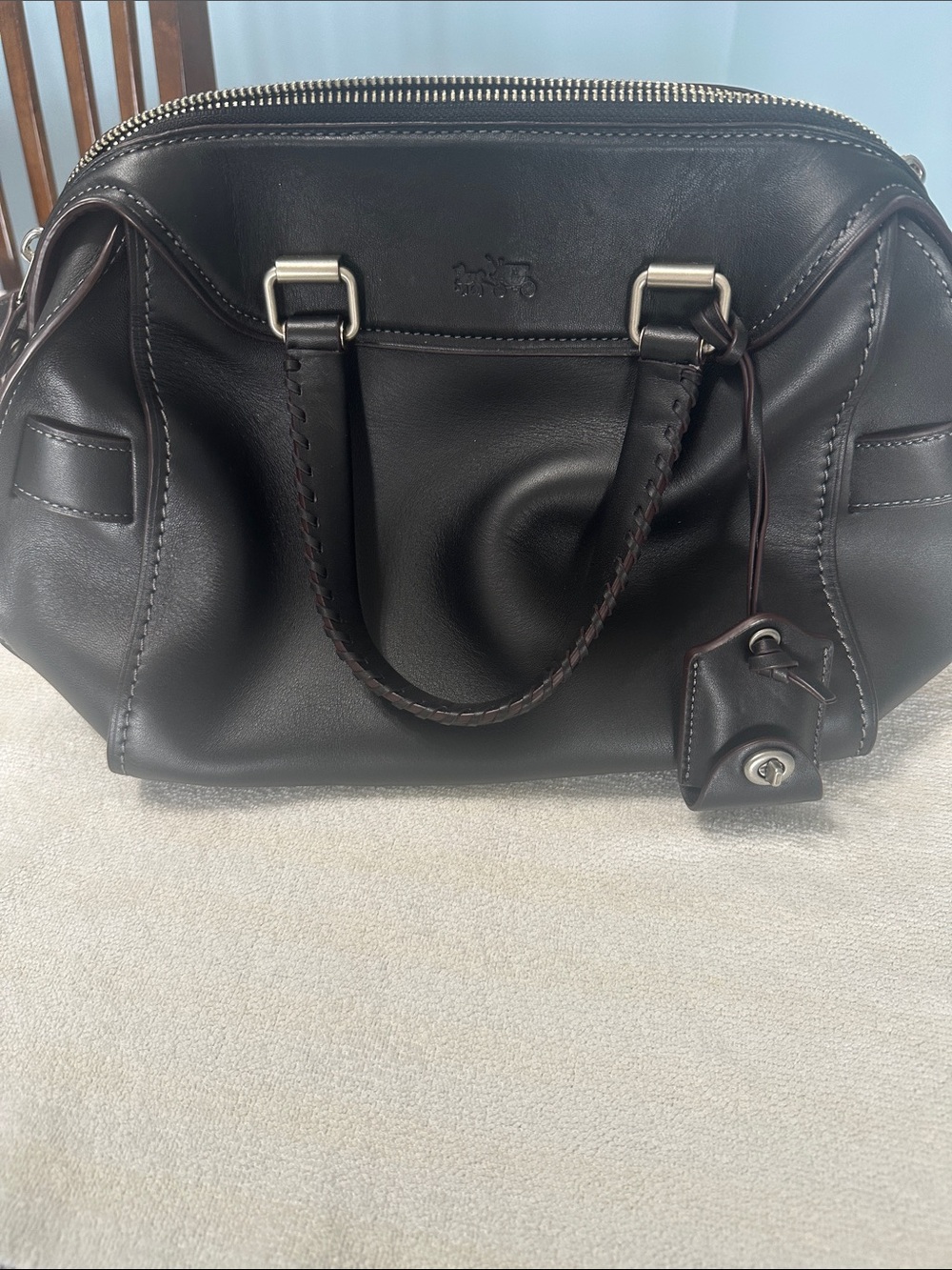 Coach Dark Black Leather Satchel with Top Handles and Leather Strap